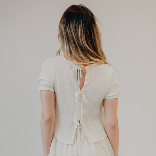 Blu Pepper | Puff Sleeve Back Tie Shirt | Natural