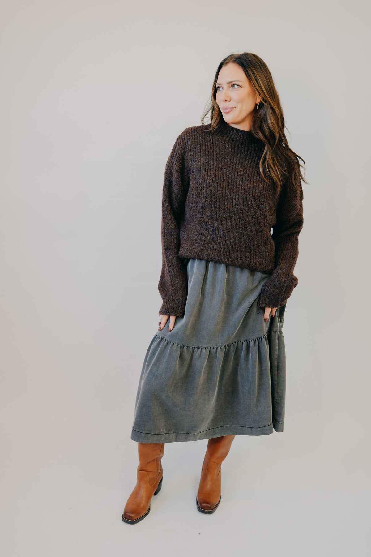 Blu Pepper | Mock Neck Knit Sweater | Brown