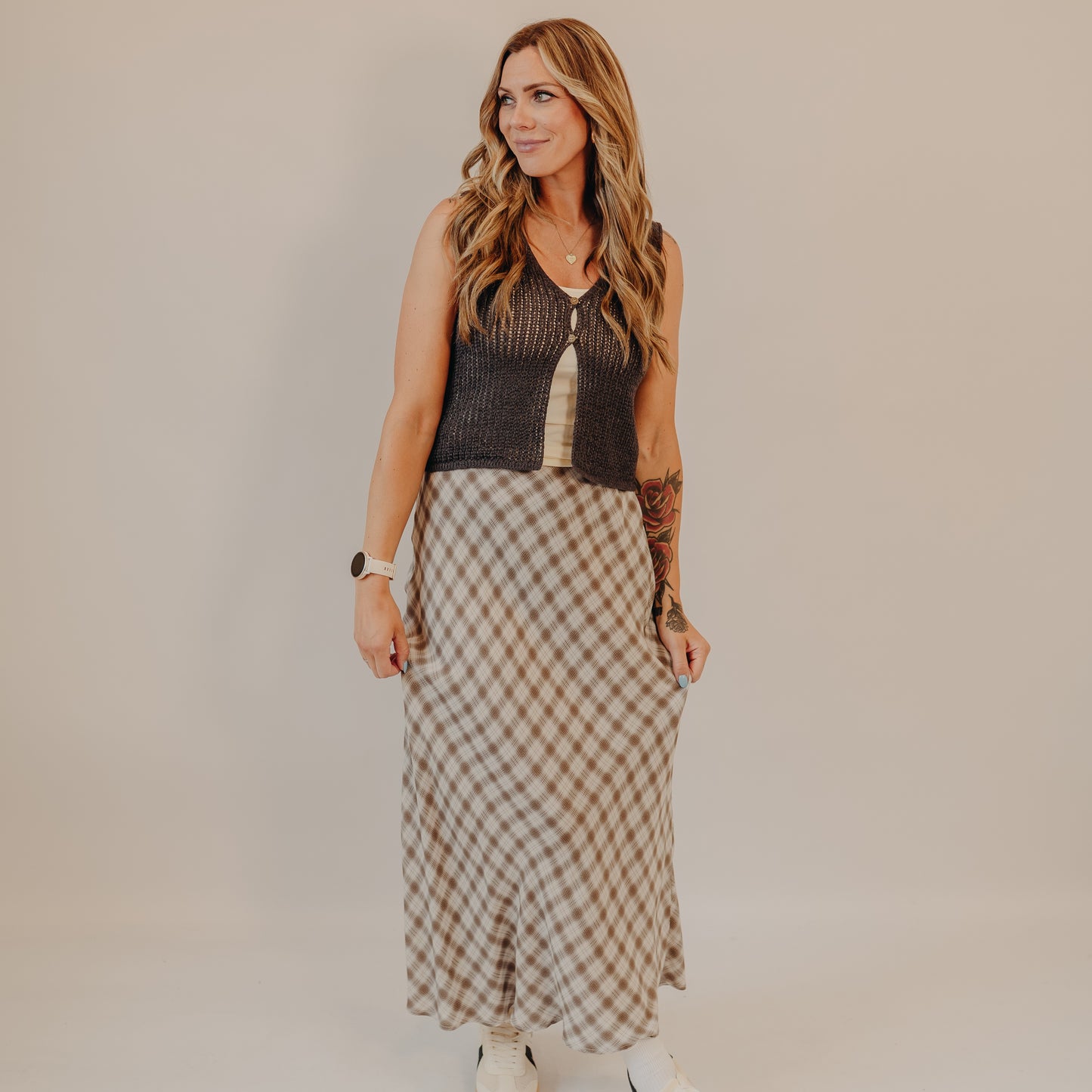 Blu Pepper | Plaid High Waist Midi Skirt | Lt Khaki