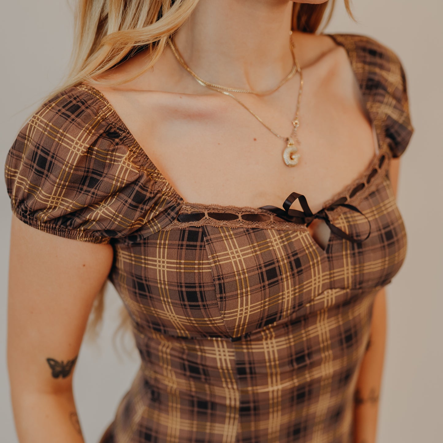 Blu Pepper | Plaid Lace Trim Dress | Brown Multi