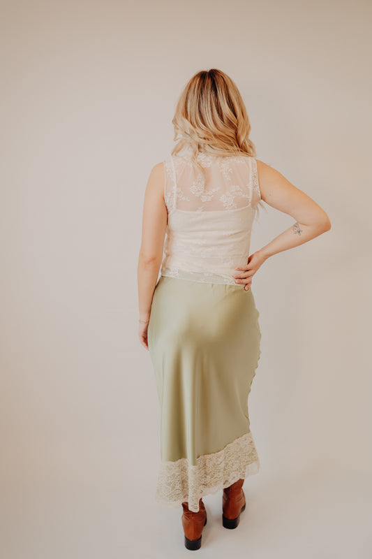 Wishlist | Lace Trim Satin Midi Skirt | Matcha Cream