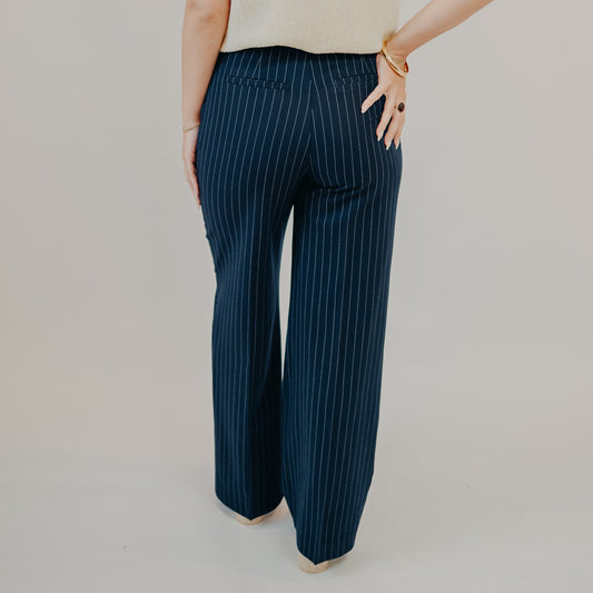 Blu Pepper | Pinstripe Pleated Wide Leg Dress Pants | Navy
