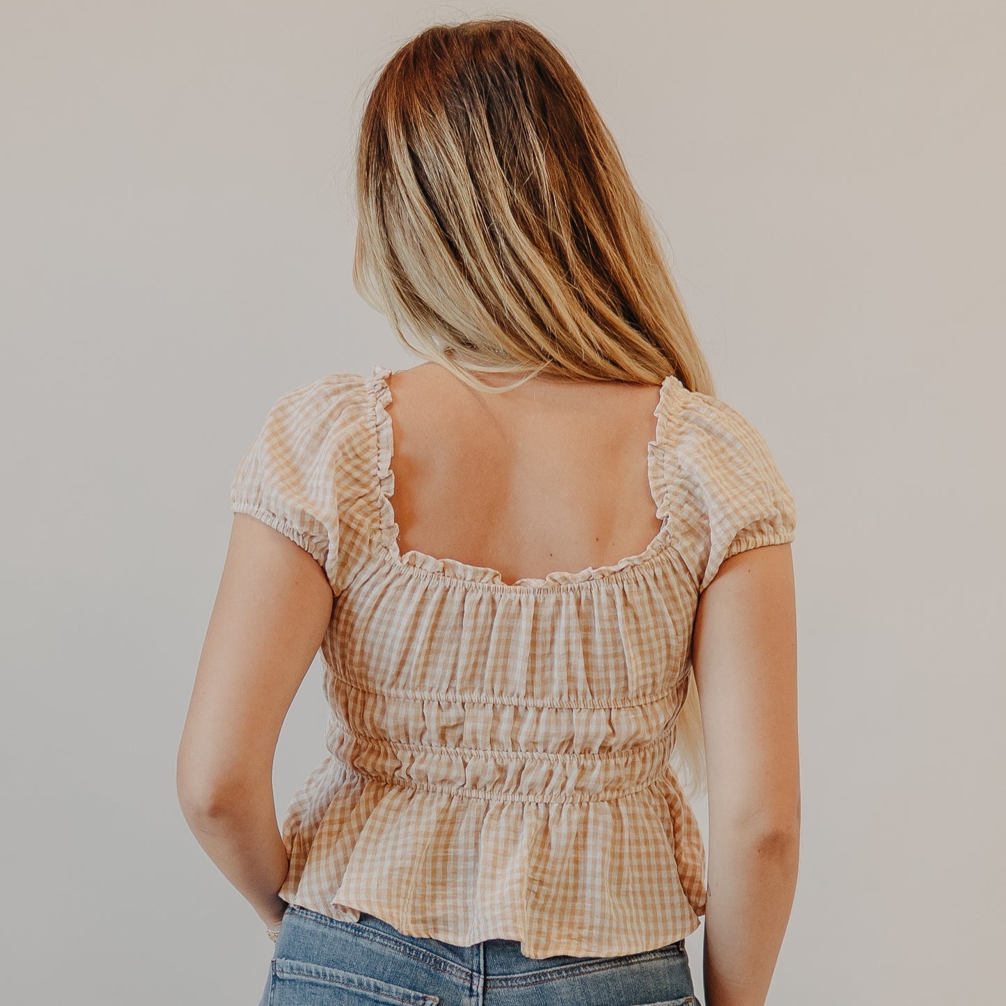 Blu Pepper | Gingham Bow Detail Shirred Top | Lt Khaki