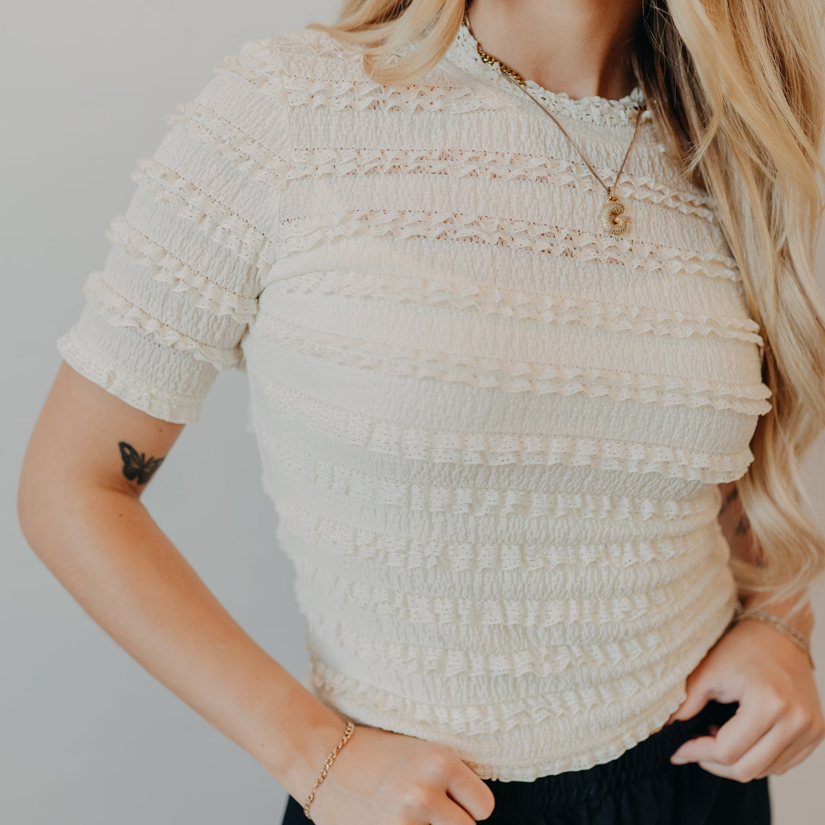 Gilli | Stripe Lace Half Sleeve Top | Cream