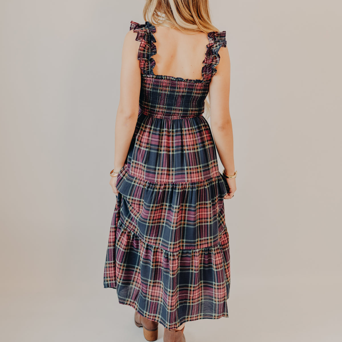 Blu Pepper | Plaid Smoked Tiered Midi Dress | Navy Multi