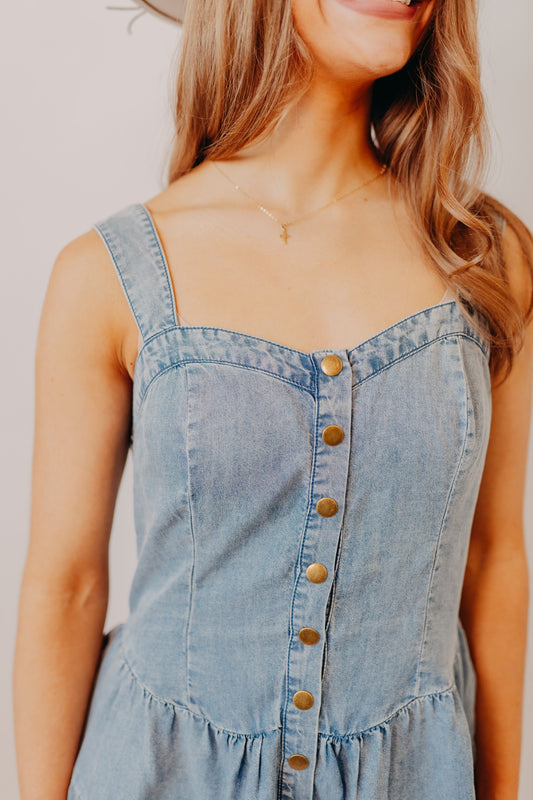 Doe & Rae | Denim Tiered Flare Romper | Dk Denim