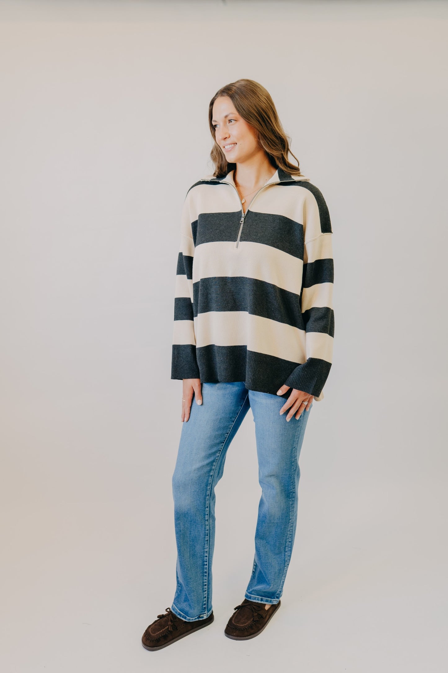 By Together | Fontaine Half Zip Striped Long Sleeve | Charcoal
