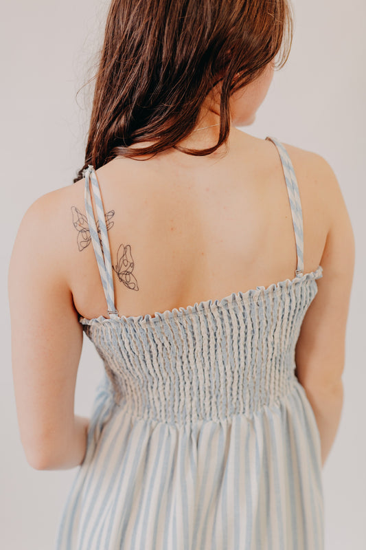 Miou Muse | Striped Smock Top Maxi Dress | Blue