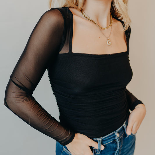 Blu Pepper | Ruched Waist Square Neck Top | Black