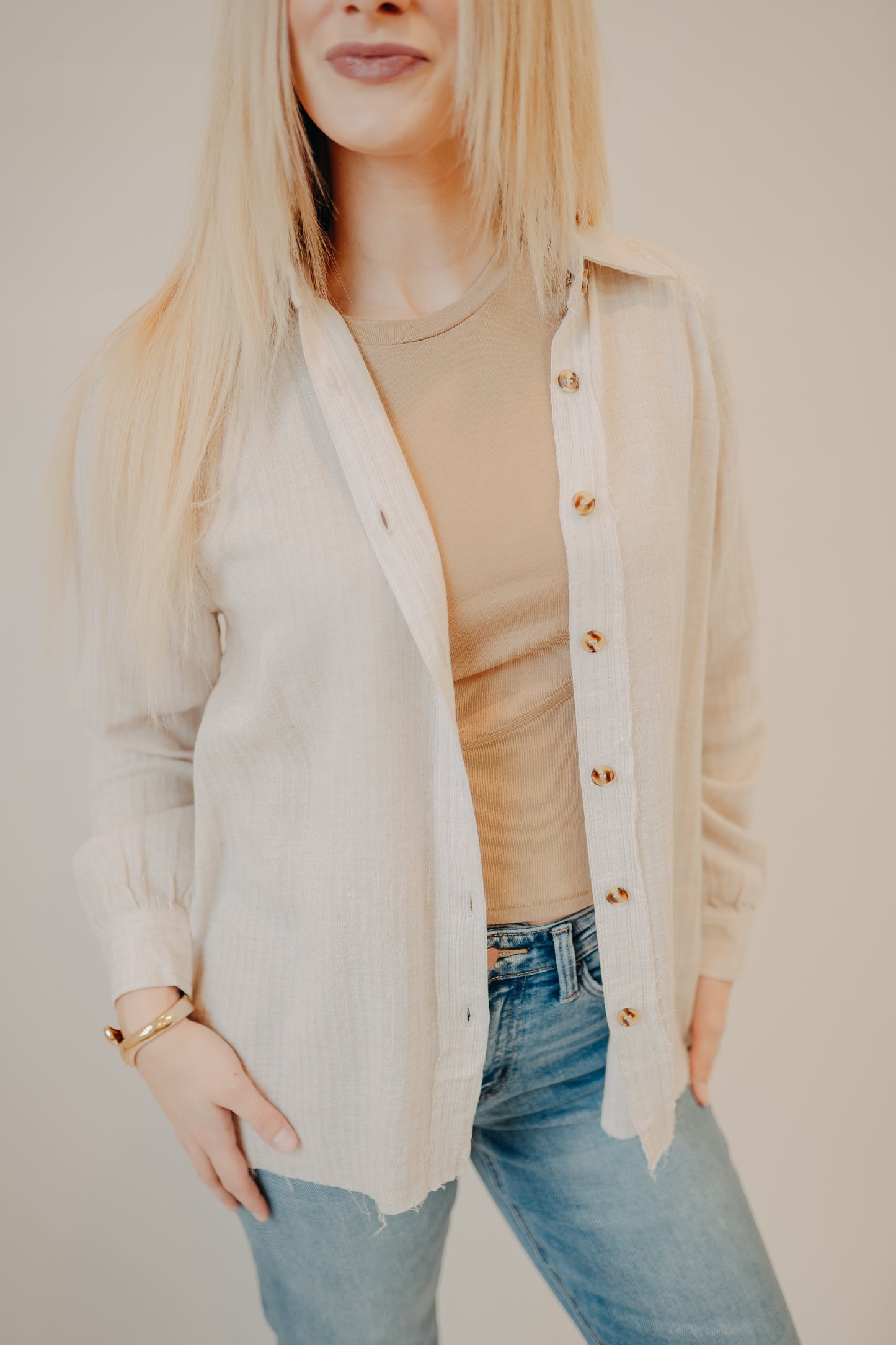 Staccato | Raglan Button Down Striped Top | Taupe