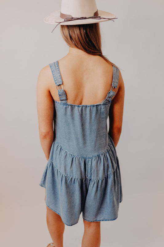 Doe & Rae | Denim Tiered Flare Romper | Dk Denim