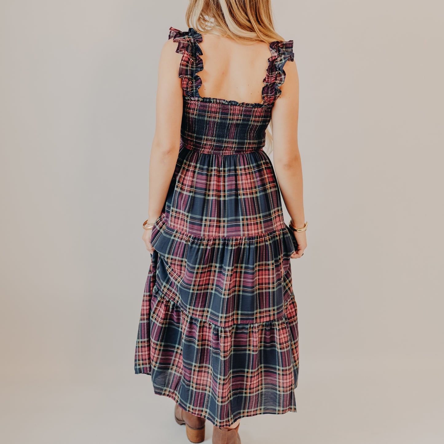 Blu Pepper | Plaid Smoked Tiered Midi Dress | Navy Multi