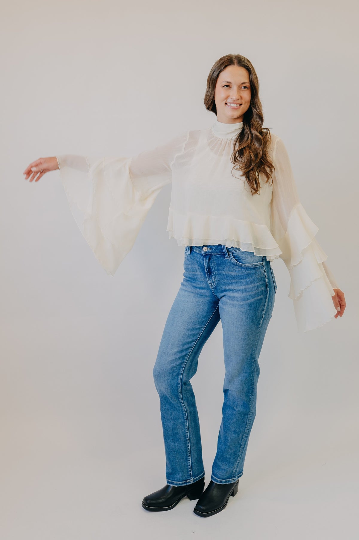 by Together | Baroque Flared Cuff Crop Woven Top | Cream