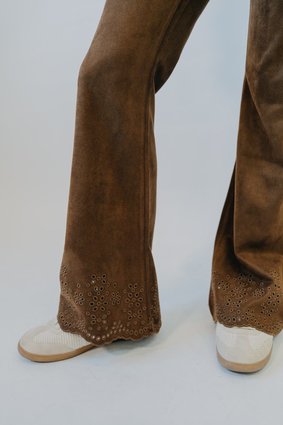 Hem & Thread | Faux Suede Embroidered Hem Pant | Chocolate