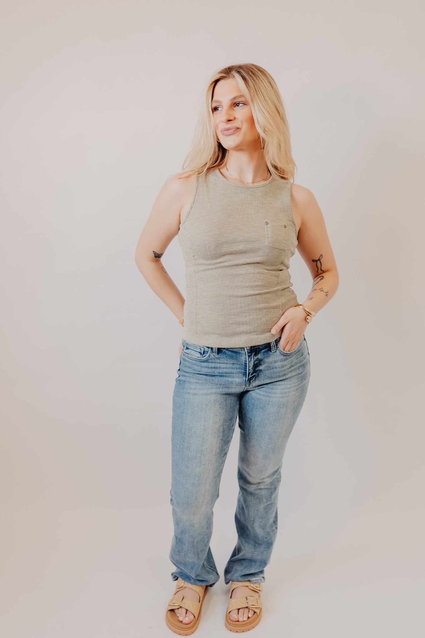Doe & Rae | Striped Knit Puff Sleeve Top | Fade Olive