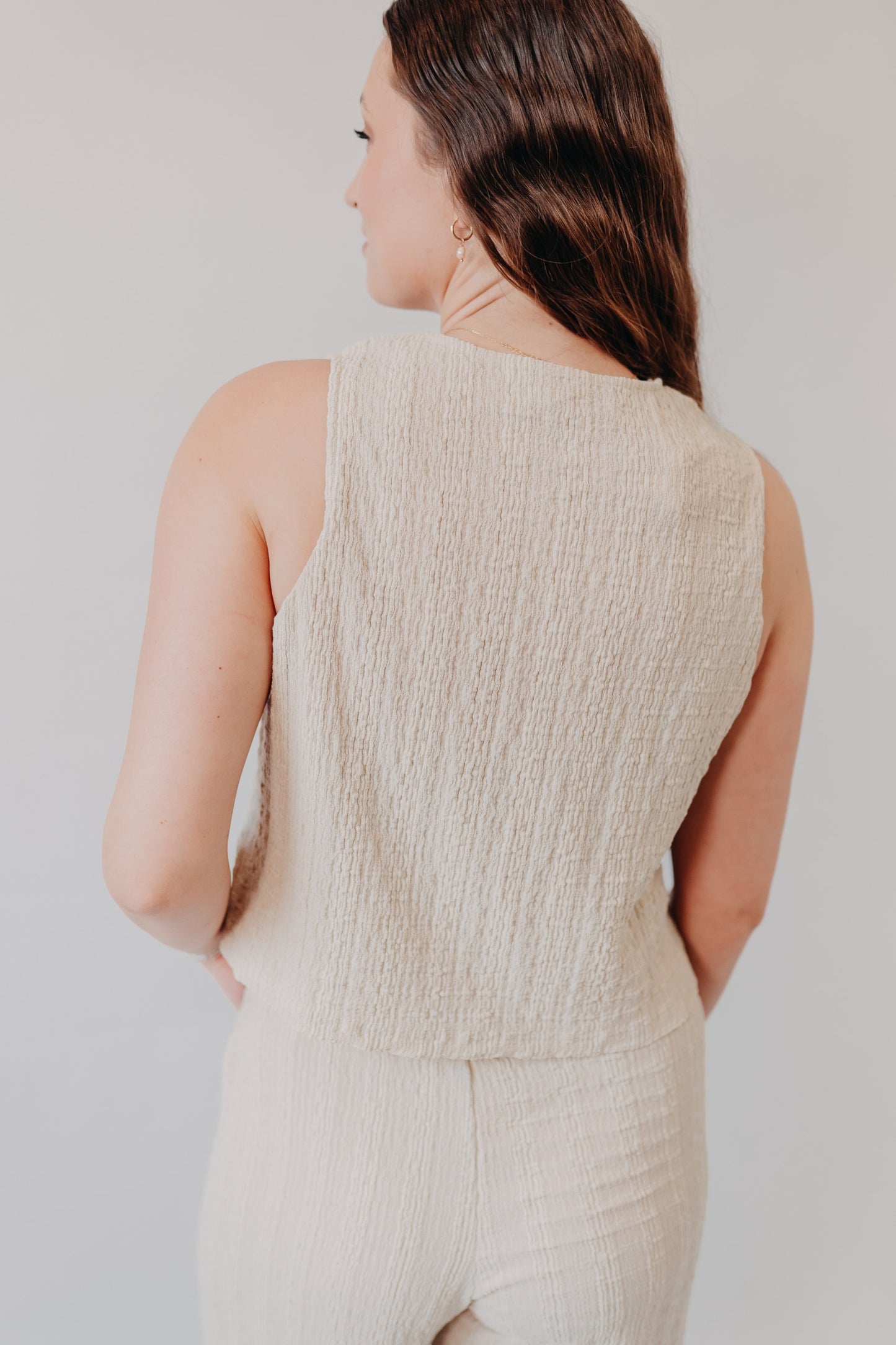 Miou Muse | Crinkled Fabric Button Up Top | Tan