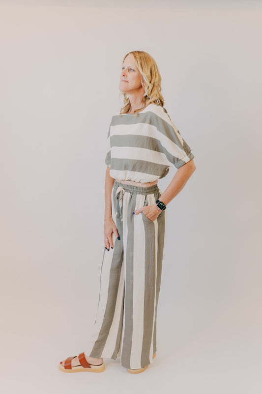 Miou Muse | Wide Striped Wide Leg Trousers | Olive