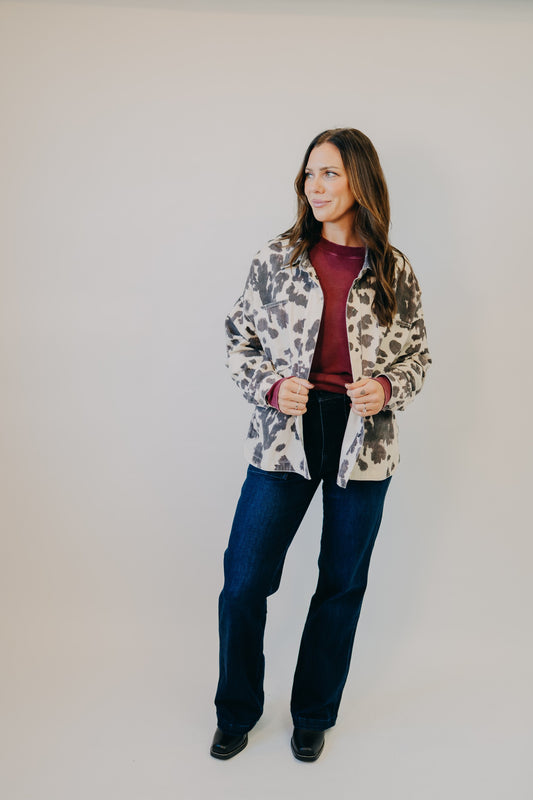 By Together | Rogue Cow Print Denim Jacket | Cream Chocolate