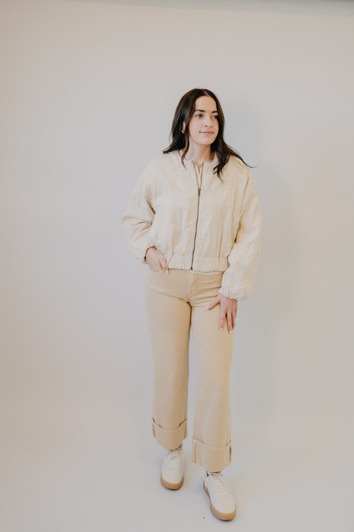 Miou Muse | Floral Jacquard Zip Up Jacket | Ecru