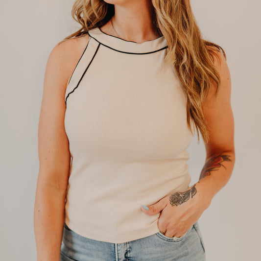 Doe & Rae | Rib Crew Contrast Piping Tank | Lt Beige