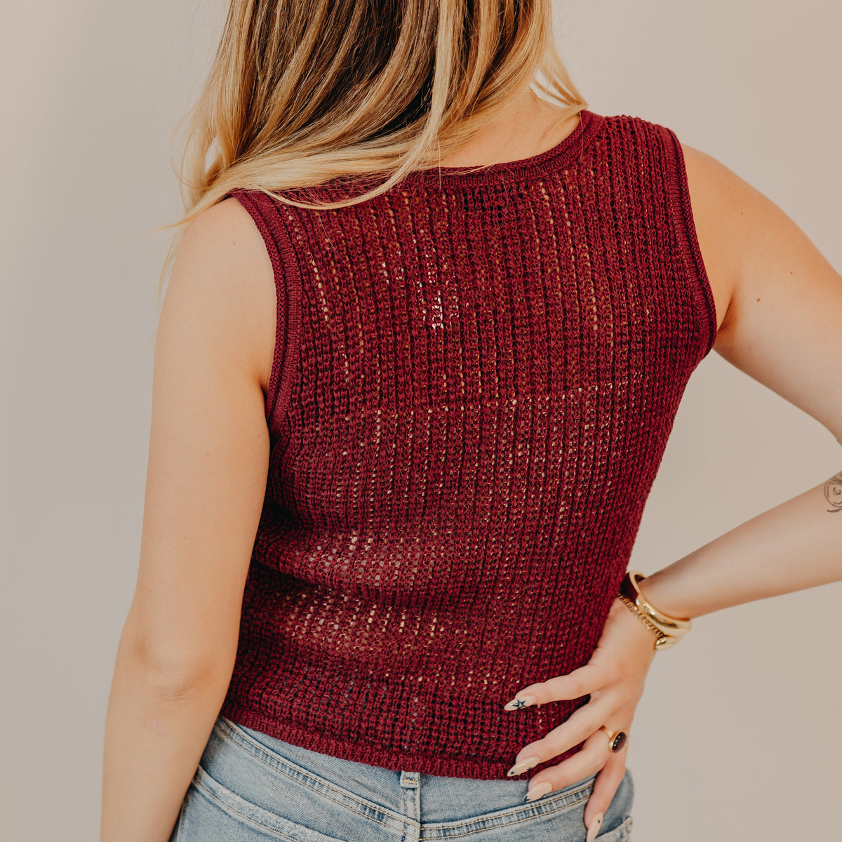 Blu Pepper | V-Neck Crocheted Vest | Burgundy