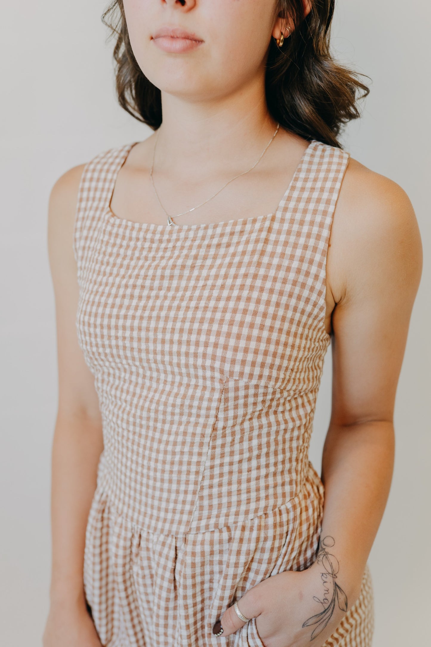 Miou Muse | Gingham Tie In Back Jumpsuit | Brown
