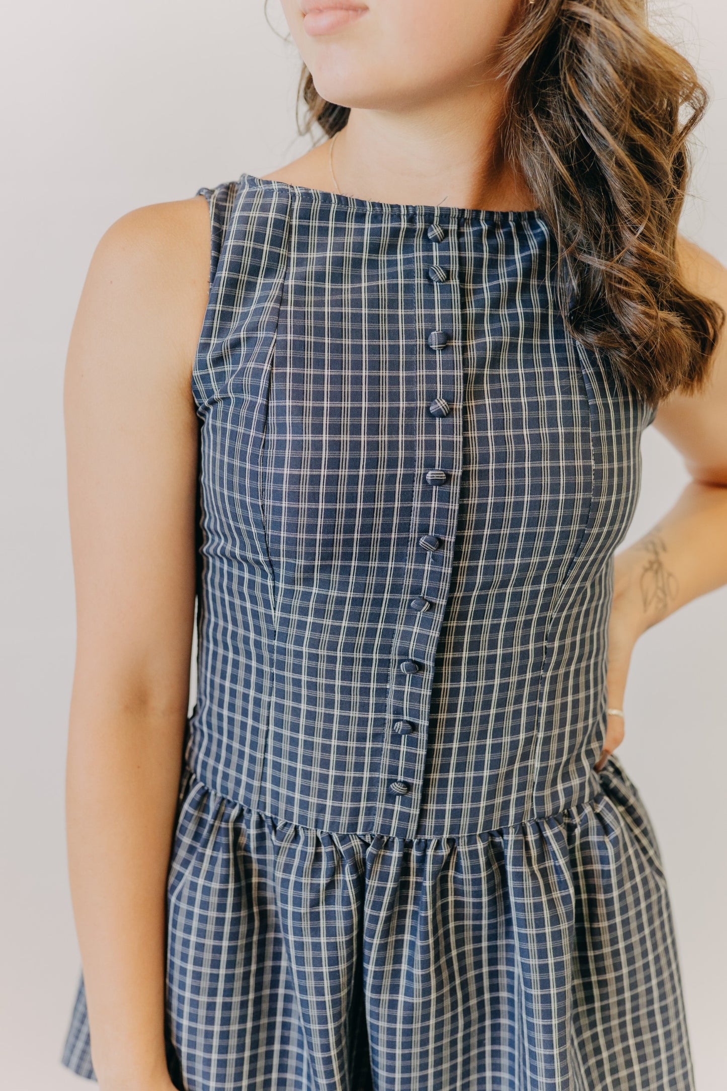 Blu Pepper | Plaid Boat Neck Mini Dress | Navy Multi