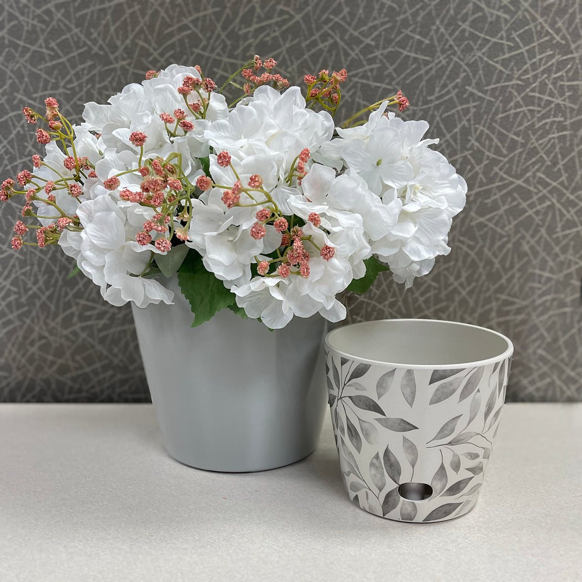 Self-Watering Plant Pot Set of 2 5" Gray Leaves & 7" Gray Solid