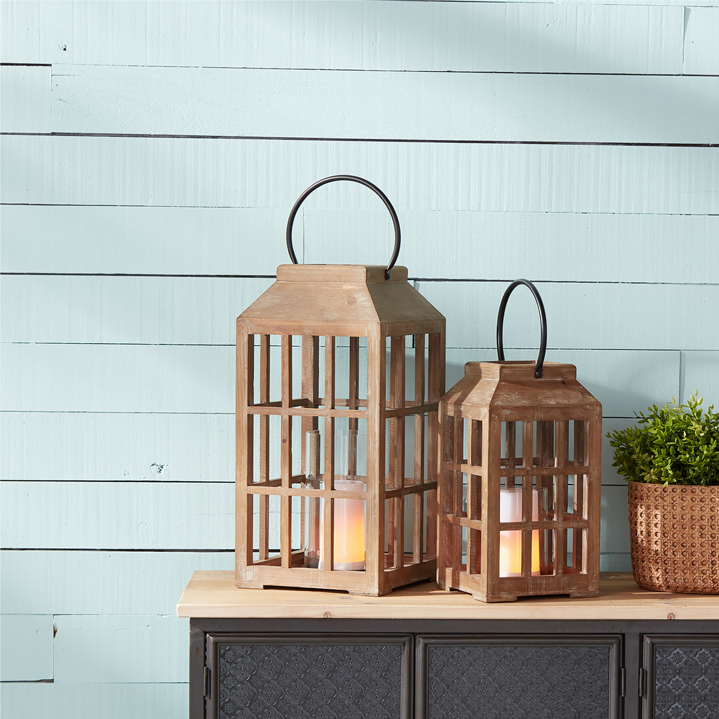 Natural Wooden Lantern with Glass Hurricane