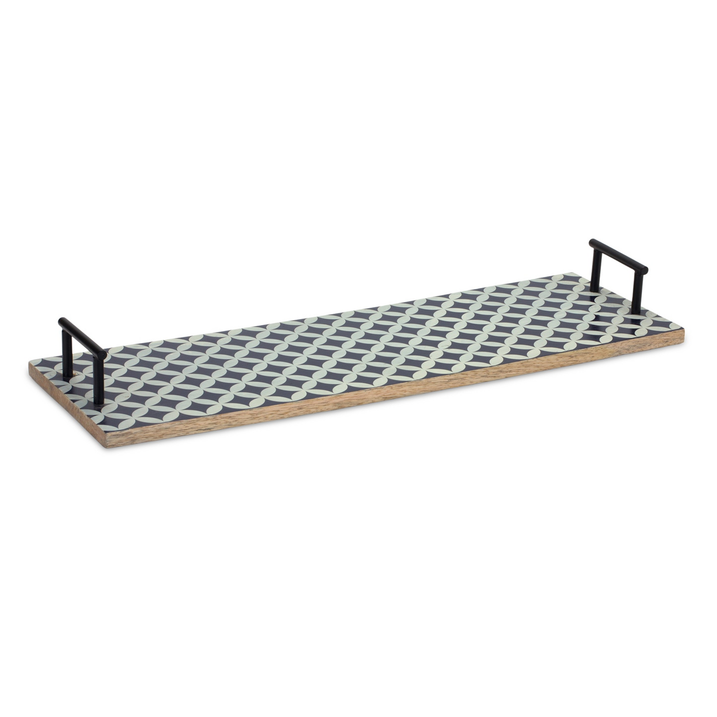 Mango Wood Tray with Geometric Design and Metal Handle Accents (Set of 2)