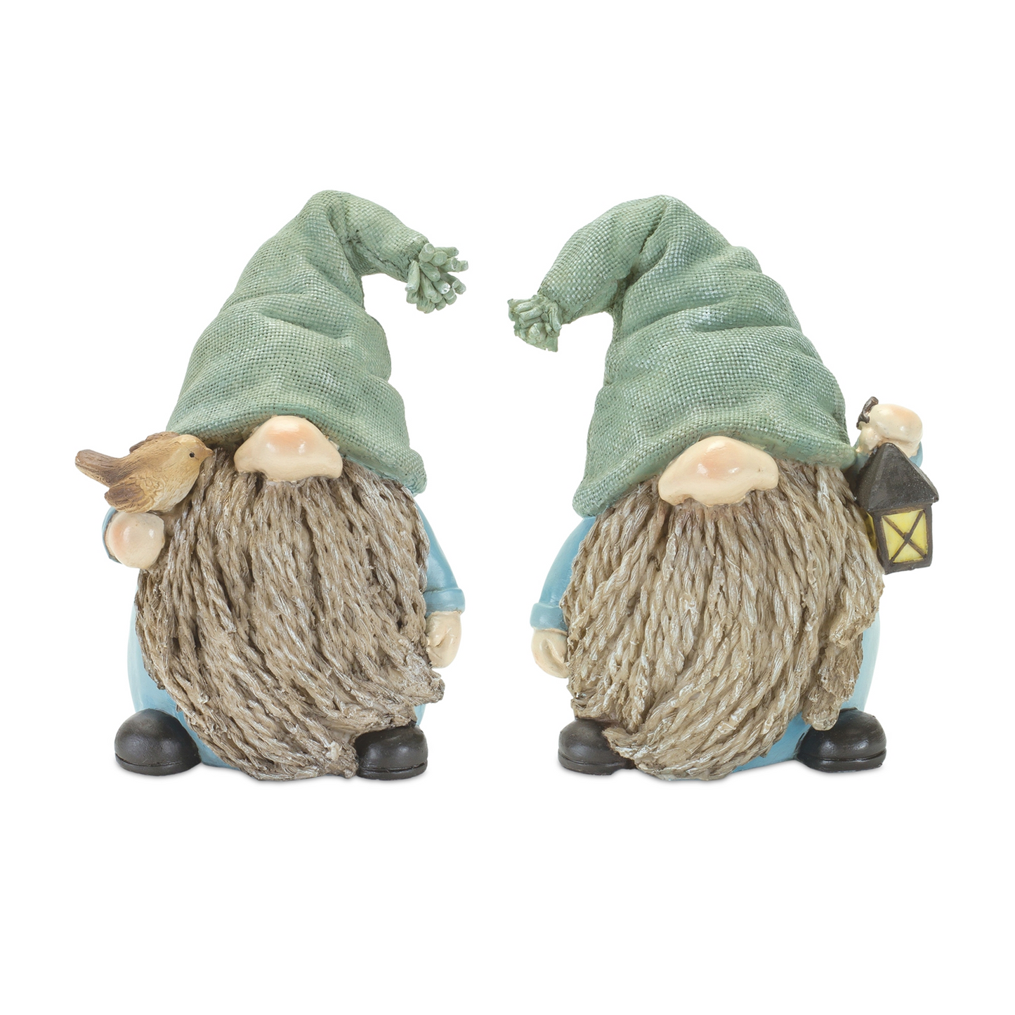 Stone Garden Gnome Figurine with Bird and Lantern Accent (Set of 4)