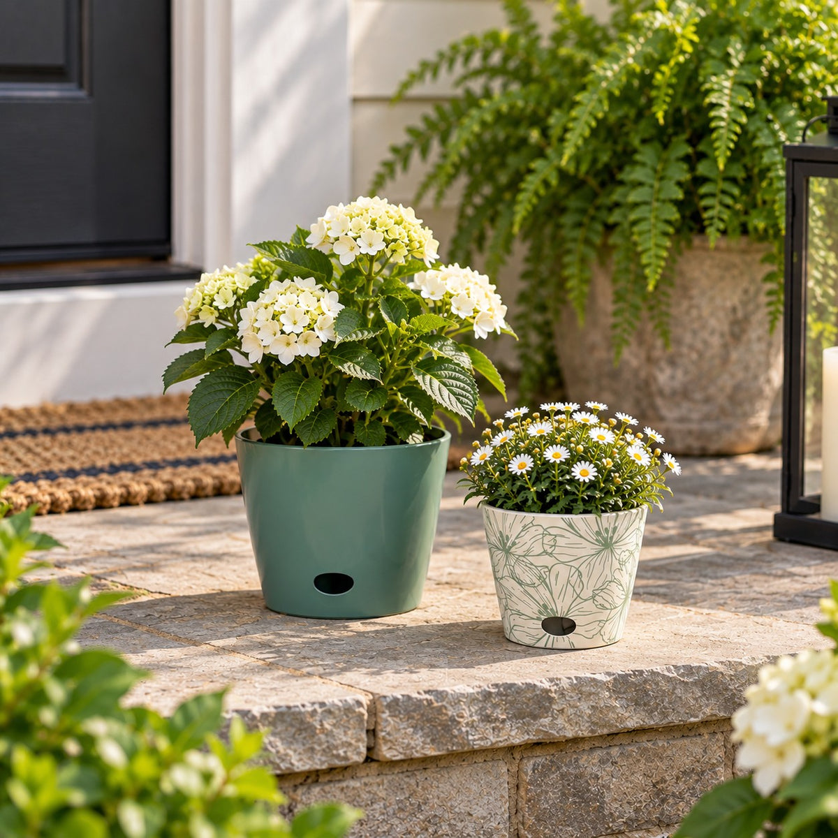 Self-Watering Plant Pot Set of 2 5" Green Flower & 7" Sage Green