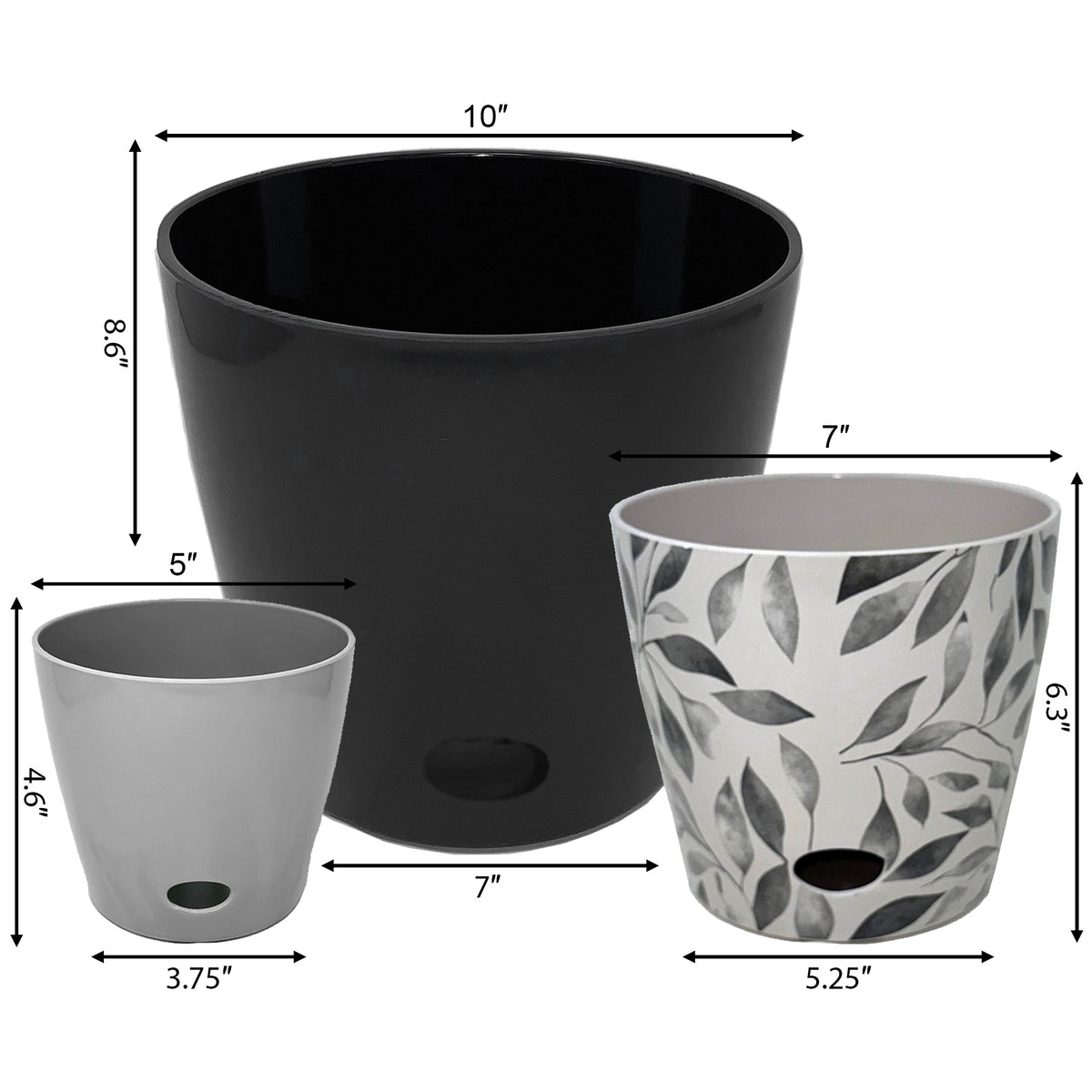 Self-Watering Plant Pot Set of 3 5" Gray 7" Gray Leaves 10" Black