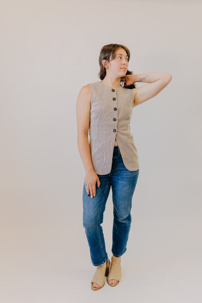 Blu Pepper | Pinstripe Denim Vest | Brown