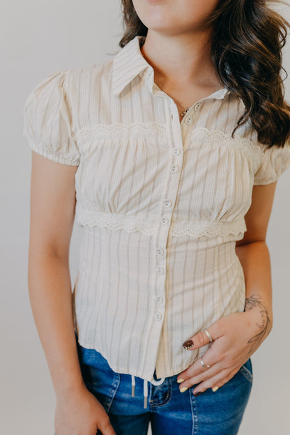 Blu Pepper | Stripe Collared Lace Bust Detail Top | Brown