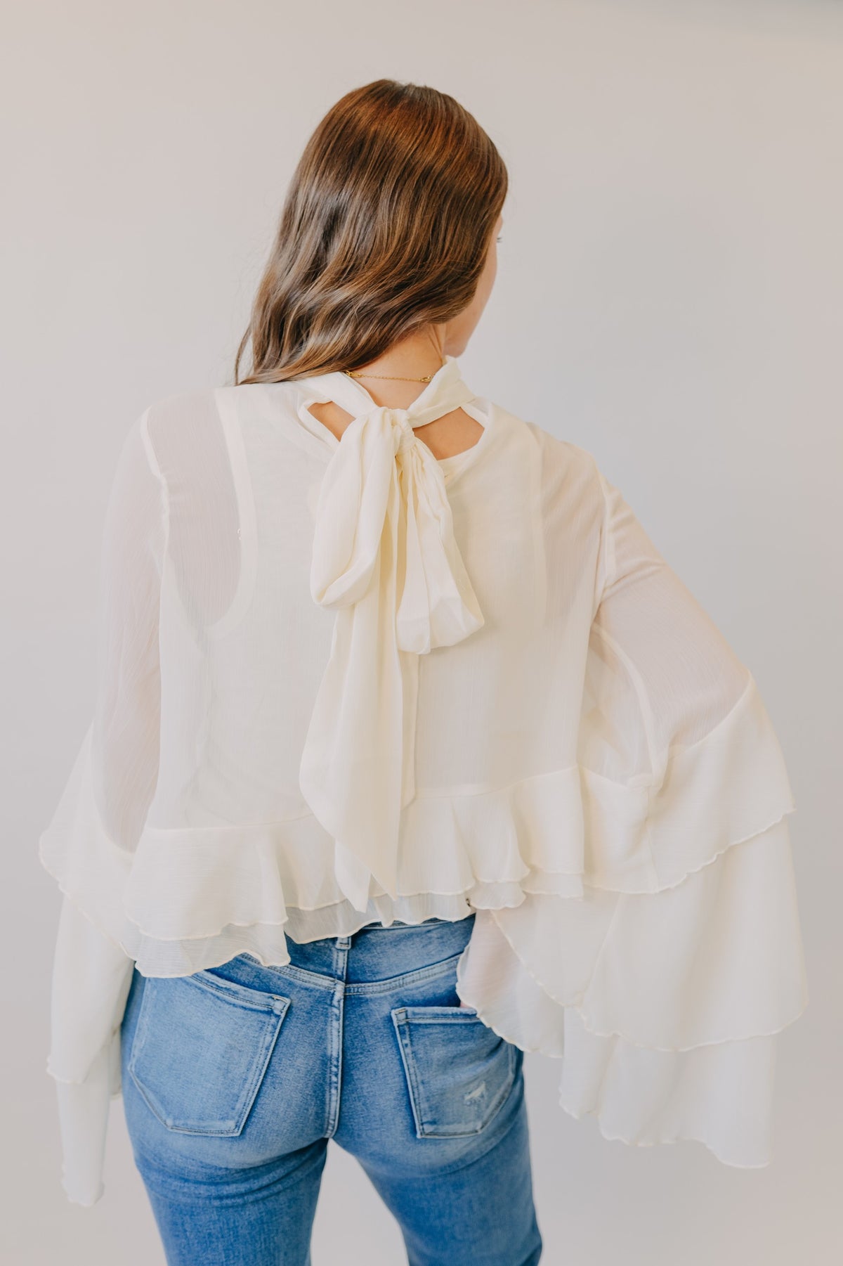 by Together | Baroque Flared Cuff Crop Woven Top | Cream