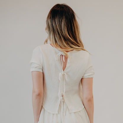 Blu Pepper | Puff Sleeve Back Tie Shirt | Natural