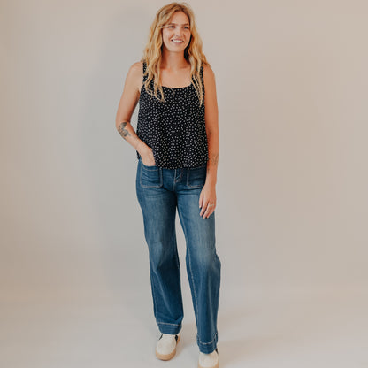 Flying Monkey | High Rise Front Patch Pocket Wide Trouser | Dark Denim