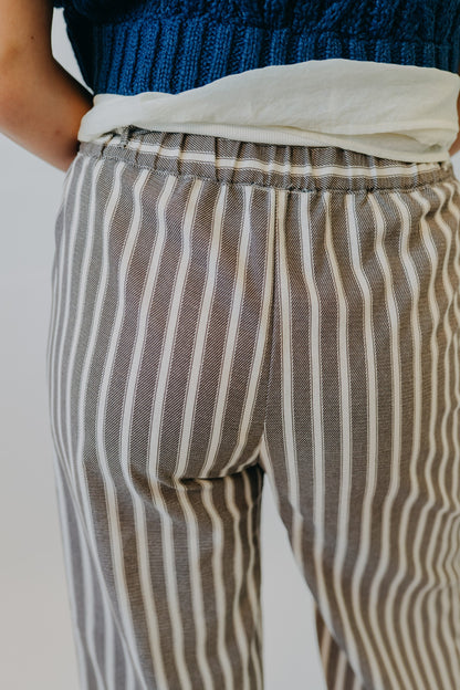 Blu Pepper | Stripe Waist Tie Linen Blend Pants | Dark Brown