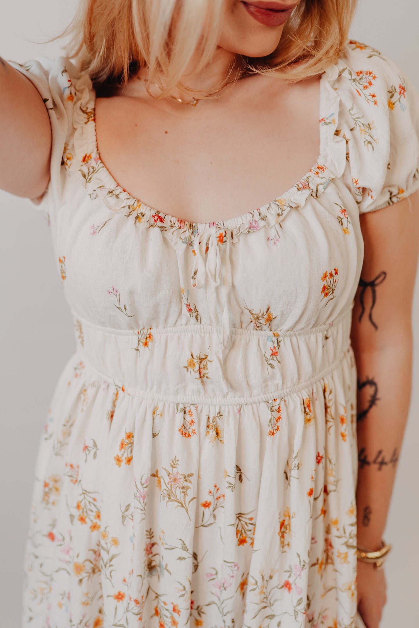 Blu Pepper | Floral Front Tie Midi Dress | Ivory Multi