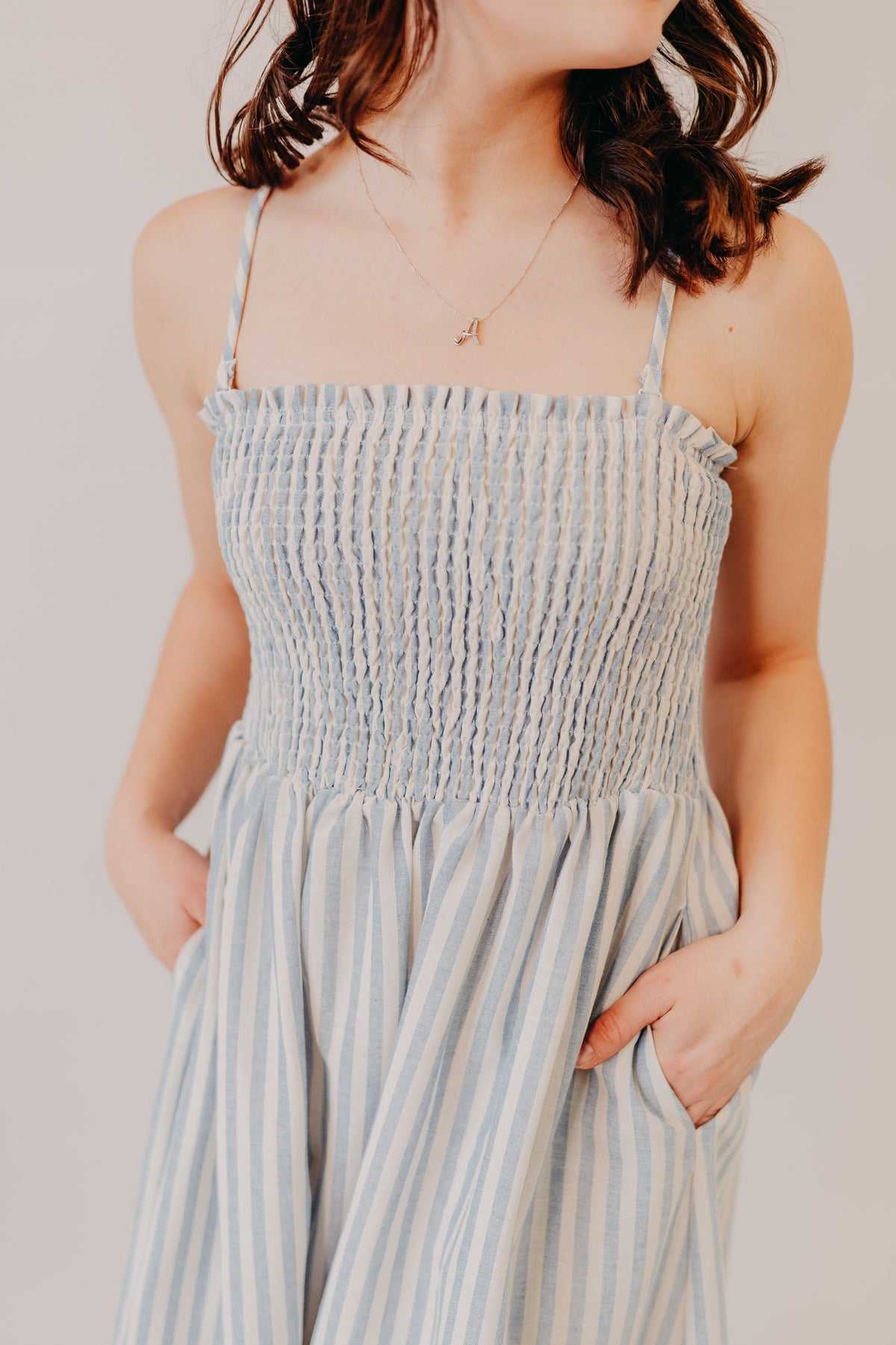 Miou Muse | Striped Smock Top Maxi Dress | Blue