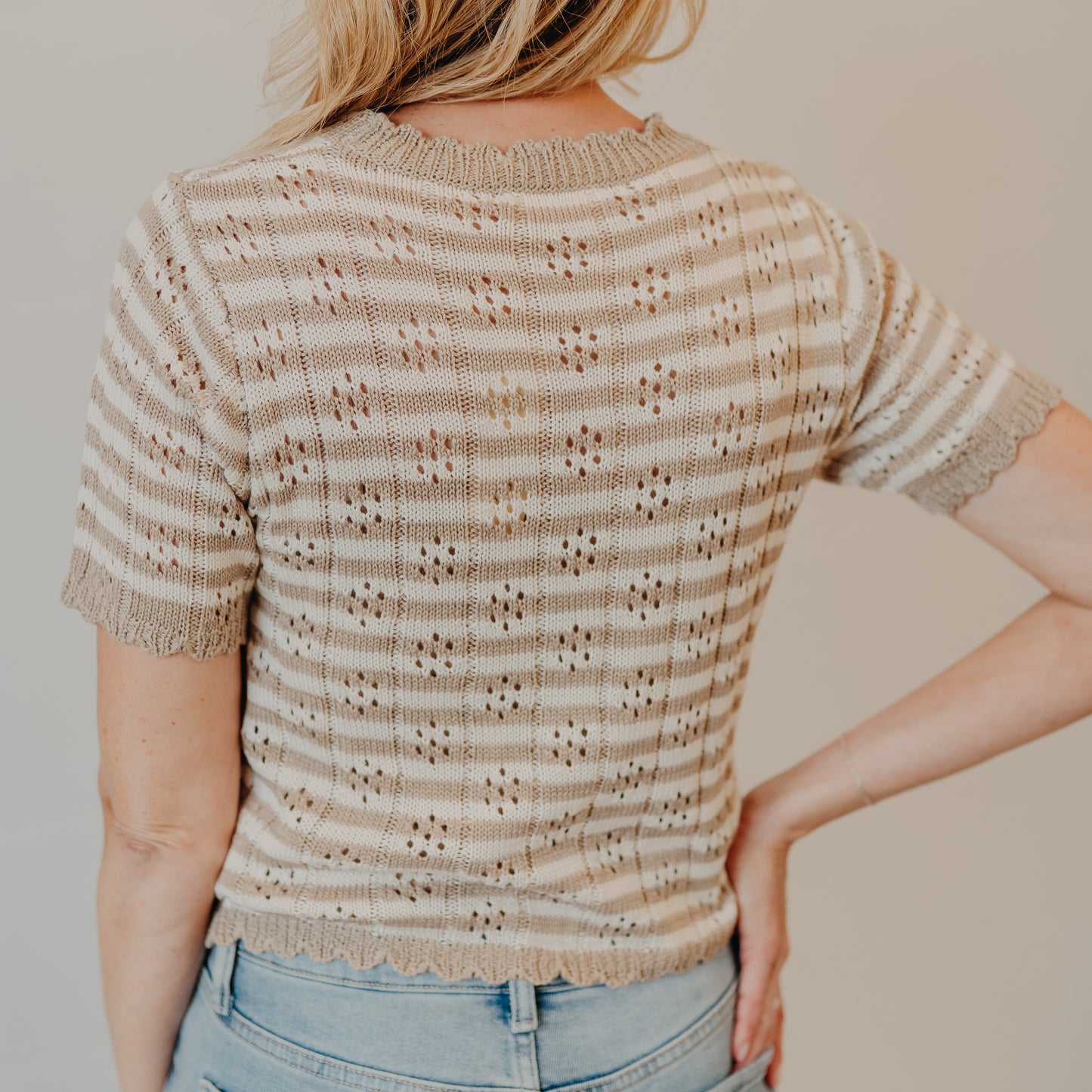 Doe & Rae | Scallop Edge Striped Top | Beige Ivory