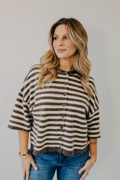 Blu Pepper | Striped Raw Edge Cardigan | Chocolate Brown