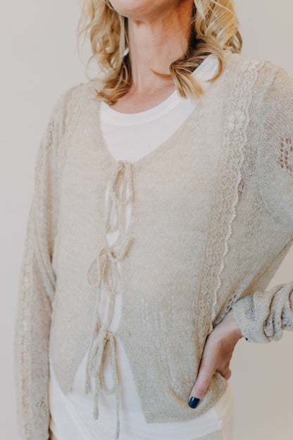 Miou Muse | Lace Contrasted Tie Front Cardigan | Straw