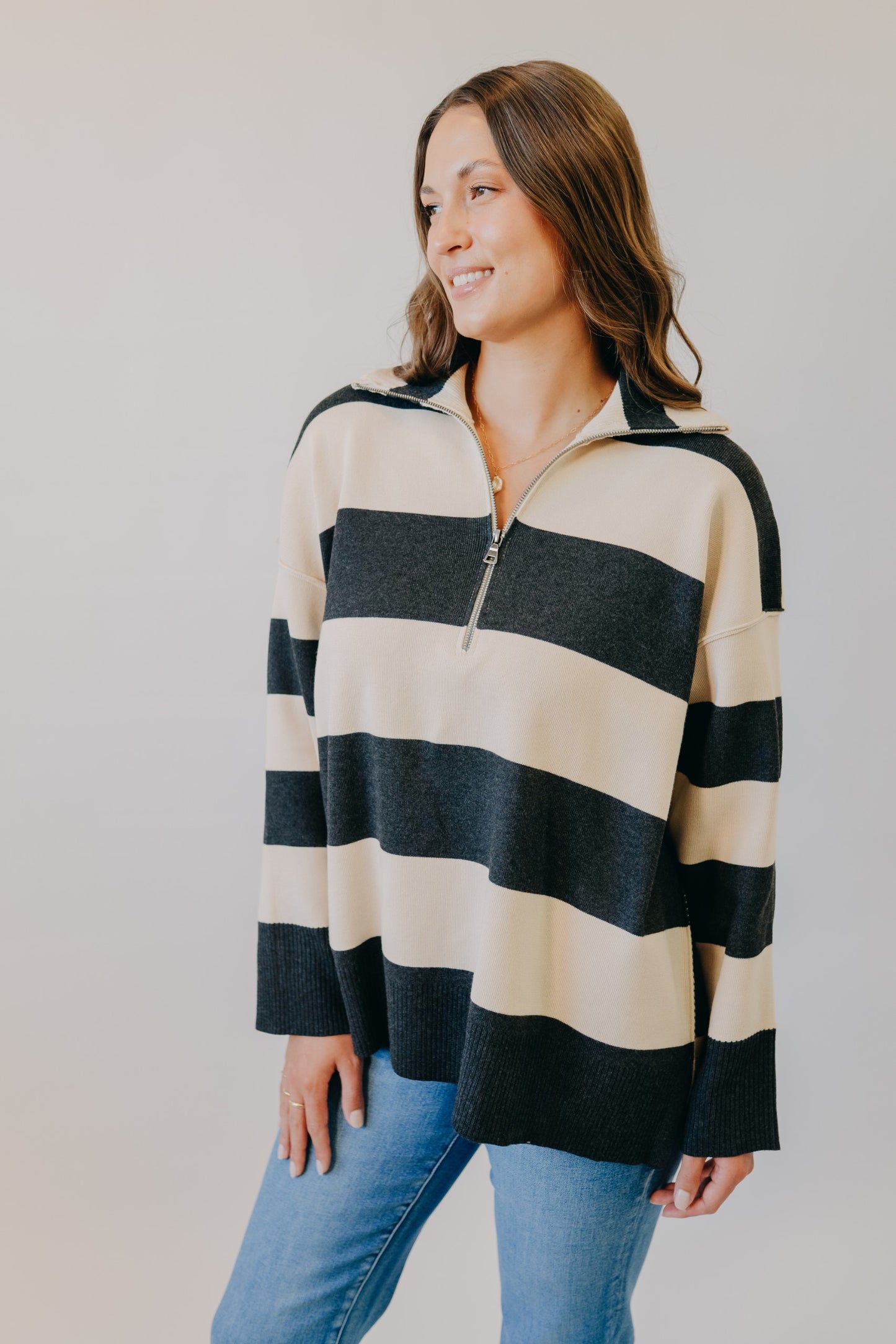 By Together | Fontaine Half Zip Striped Long Sleeve | Charcoal