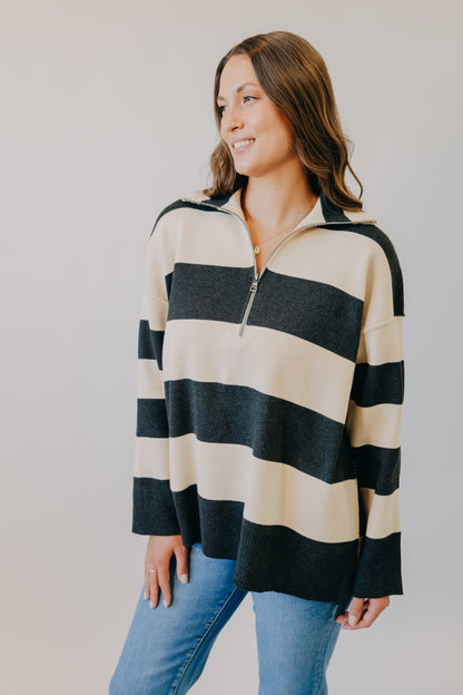 By Together | Fontaine Half Zip Striped Long Sleeve | Charcoal