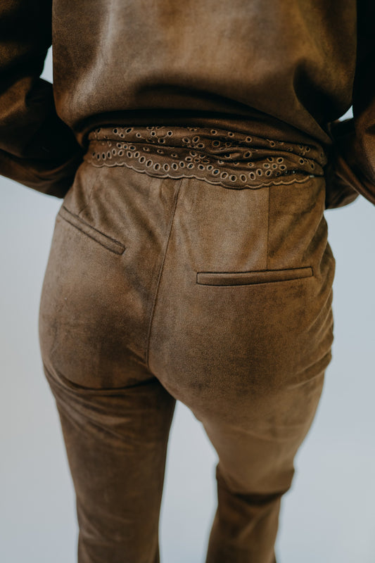 Hem & Thread | Faux Suede Embroidered Hem Pant | Chocolate