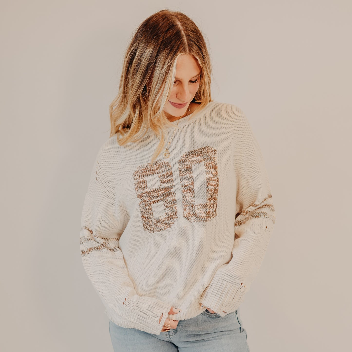 Blu Pepper | Distressed Varsity Top | Oatmeal