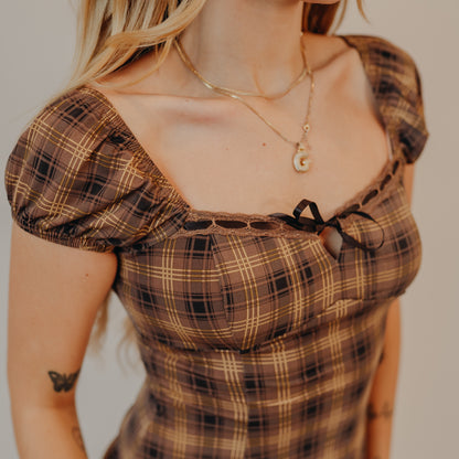 Blu Pepper | Plaid Lace Trim Dress | Brown Multi