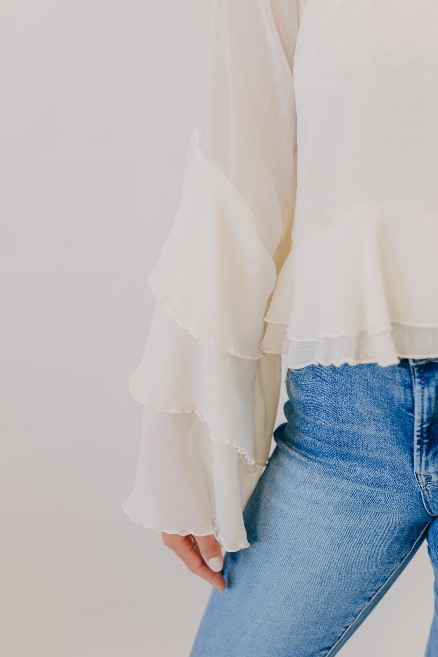 by Together | Baroque Flared Cuff Crop Woven Top | Cream